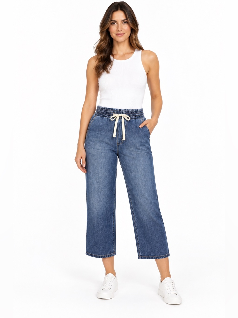 Kensie Medium Blue Wide-Leg Drawstring Jeans
